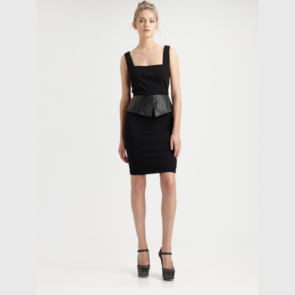 ALICE + OLIVIA Maddy black cutout leather peplum sheath midi dress